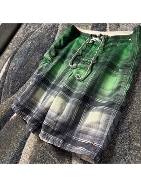 Rusty Board Shorts Mens 32 Green Plaid Ombre Surf Trunks
